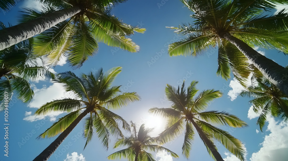 Vibrant Tropical Beach with Coconut Trees – A Lively Summer Vacation Scene Vibrant Tropical Beach with Coconut Trees – A Lively Summer Vacation Scene