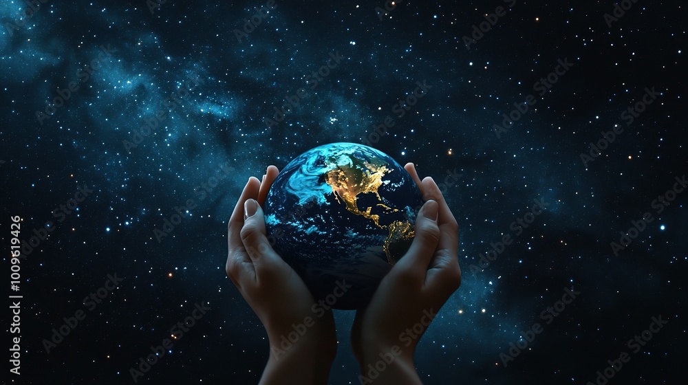 Hands Holding Earth Under Starry Sky Hands Holding Earth Under Starry Sky