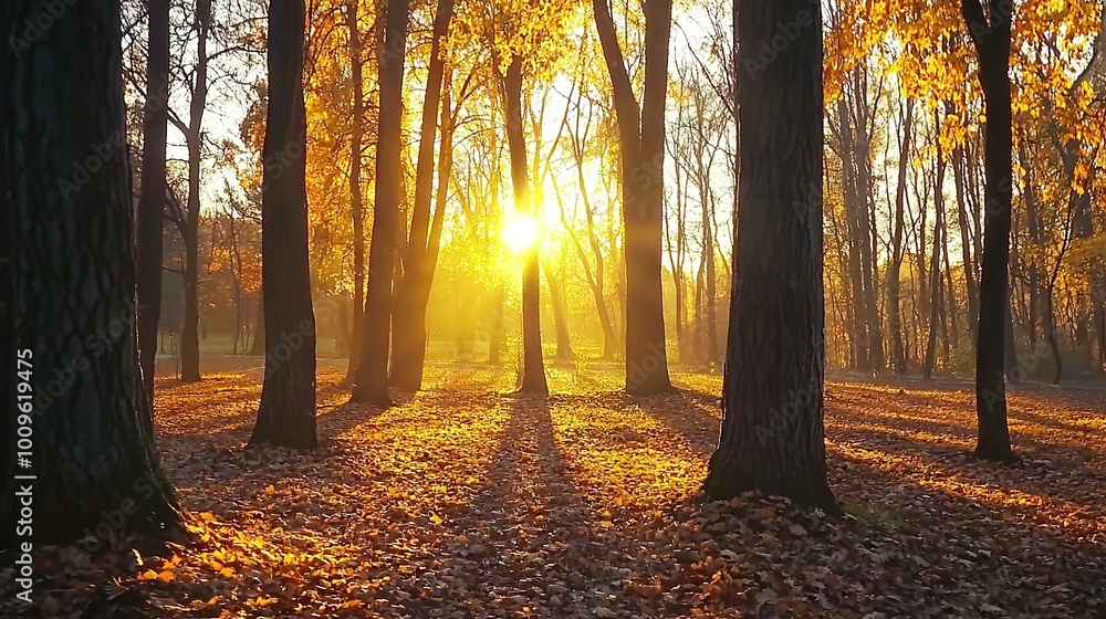 Fototapeta premium A forest is lit by the sun as leaves fall from tree branches and cover the ground with fallen foliage