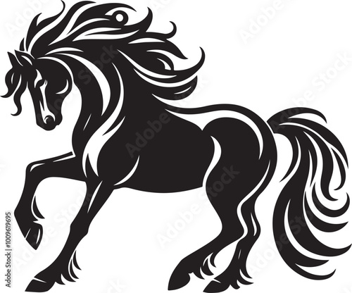 A black and white drawing of a horse with a black tail