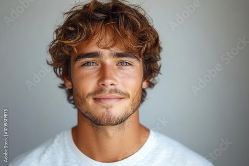 charming portrait of a handsome young man with a warm smile set against a plain white background the image exudes confidence and approachability perfect for personal branding