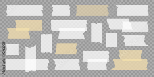 Sticky paper tape Scotch Pieces set. Adhesive Transparent white and yellow sticky stripe. Ripped Torn Masking stripes. Sticker for collage, fixing photo notes. Element for Design. Vector illustration