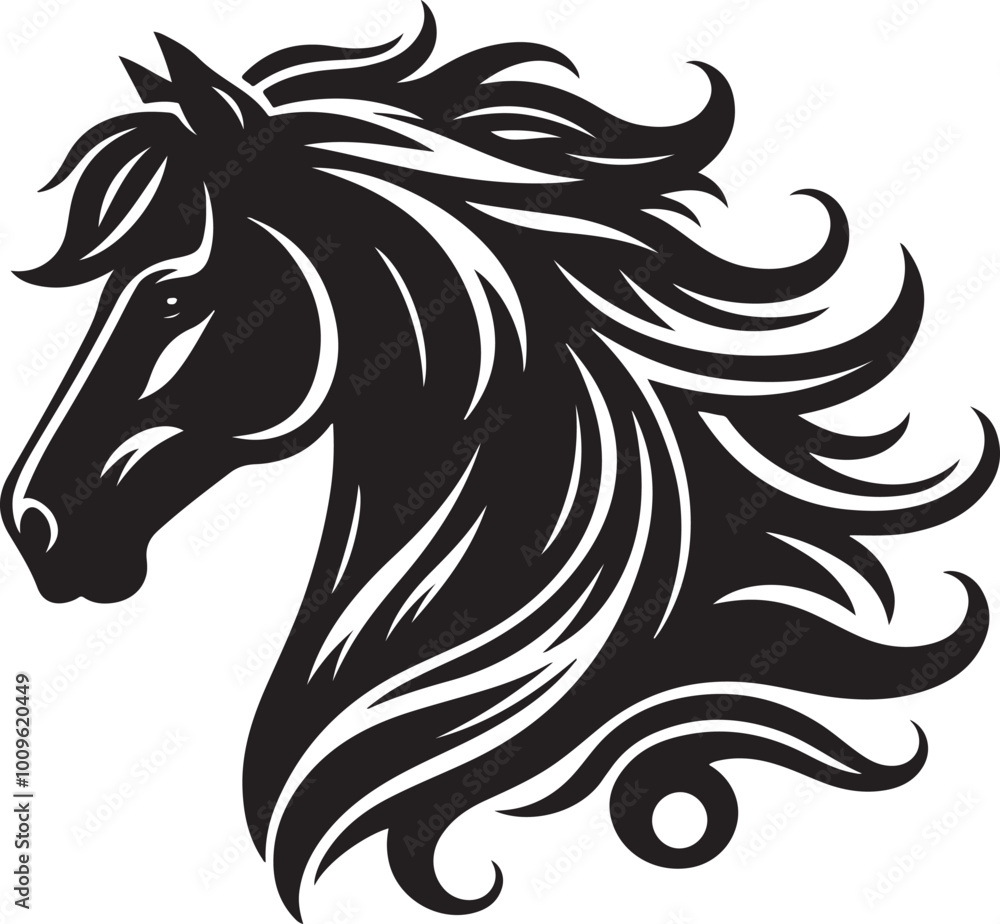 A black and white drawing of a horse with a black tail A black and white drawing of a horse with a black tail