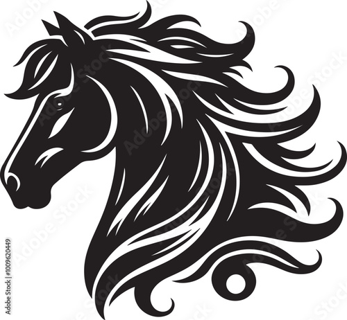 A black and white drawing of a horse with a black tail