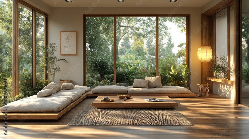 Cozy, minimalist living space with large windows and natural light. Cozy, minimalist living space with large windows and natural light.