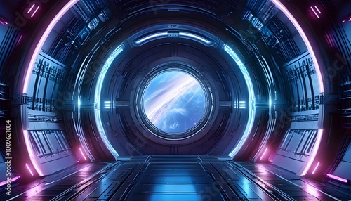 Futuristic energy portal within advanced technology hall featuring a sleek metal doorway in a spaceship corridor