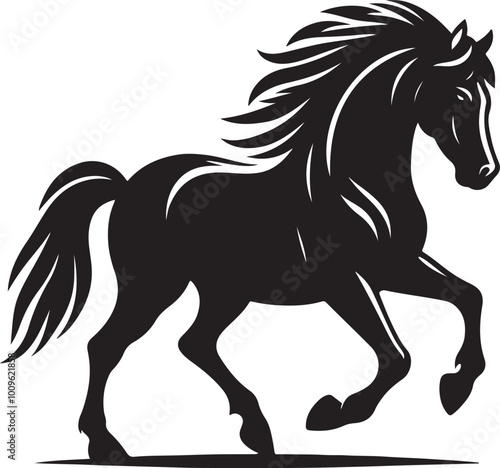 A black and white drawing of a horse with a black tail