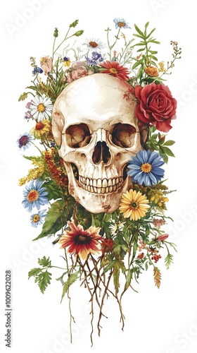 Skull with Flowers, Floral on White Background, Abstract Image, Texture, Pattern Background, Wallpaper, Cover and Screen for Smartphone, PC, Laptop, 9:16 and 16:9 Format