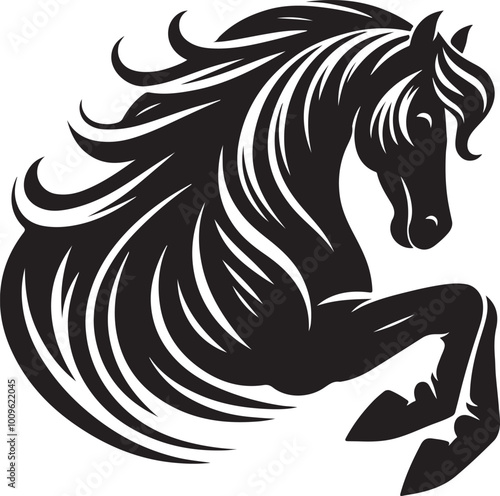 A black and white drawing of a horse with a black tail