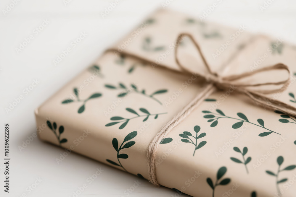 Gift box wrapped in floral paper with twine bow, eco-friendly and rustic design Gift box wrapped in floral paper with twine bow, eco-friendly and rustic design