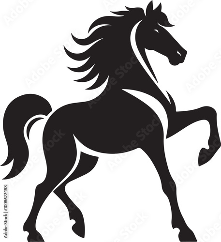 A black and white drawing of a horse with a black tail