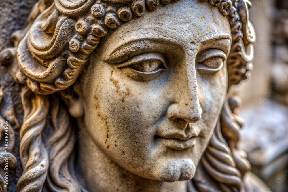 Ancient stone sculpture highlighting face and crown details Ancient stone sculpture highlighting face and crown details