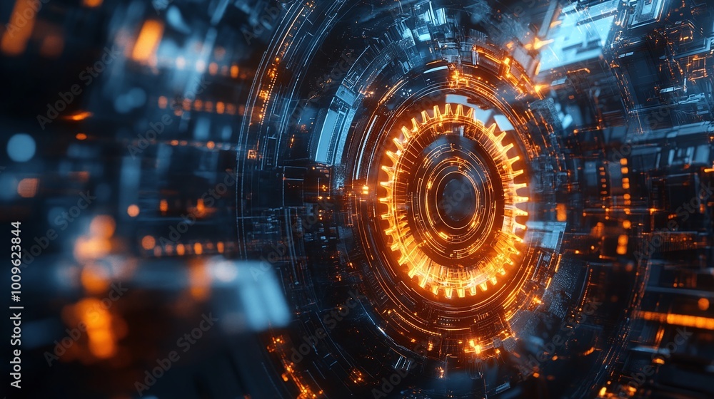 Fototapeta premium digital environment with abstract gear mechanism, representing motion, innovation, and efficiency through advanced technology and automation for futuristic engineering systems