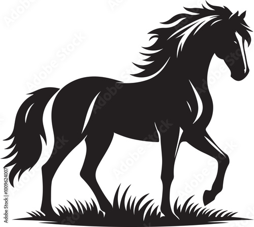 A black and white drawing of a horse with a black tail