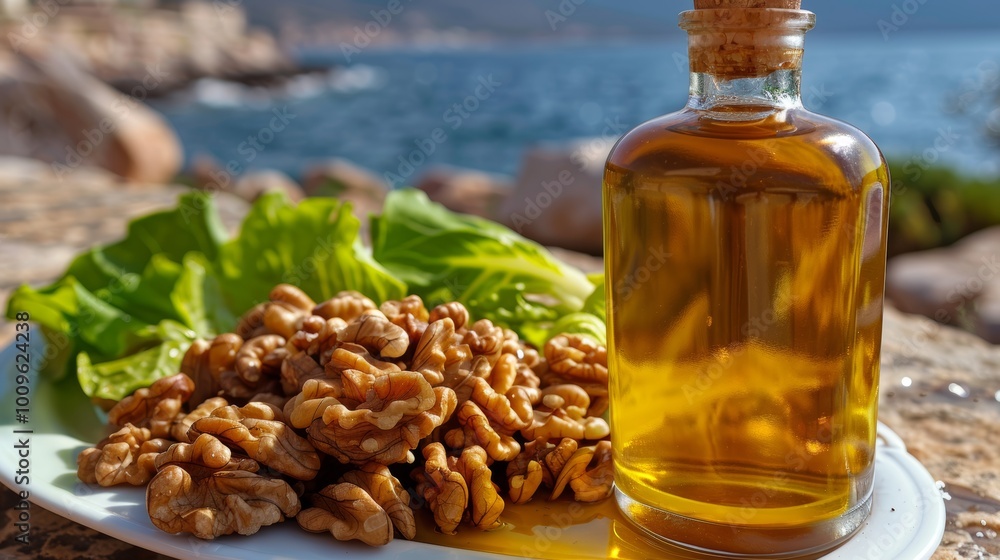 Mediterranean table setting olive oil, walnuts, and fresh green salad on a greek island Mediterranean table setting olive oil, walnuts, and fresh green salad on a greek island