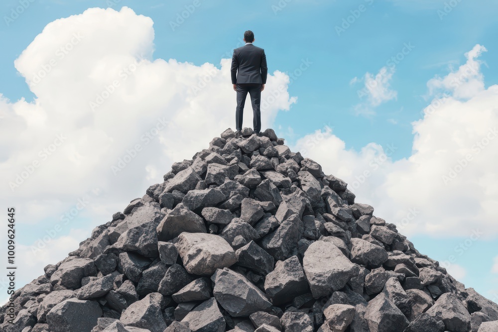 A businessman stands atop a pile of rocks, symbolizing achievement and determination against a backdrop of clear blue skies and fluffy clouds. A businessman stands atop a pile of rocks, symbolizing achievement and determination against a backdrop of clear blue skies and fluffy clouds.