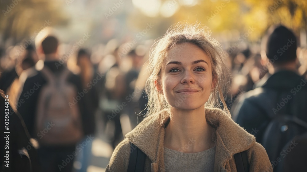 Fototapeta premium woman standing alone in a crowd looking at camera, her face reflecting deep emotions of happiness and showing a strange funny face