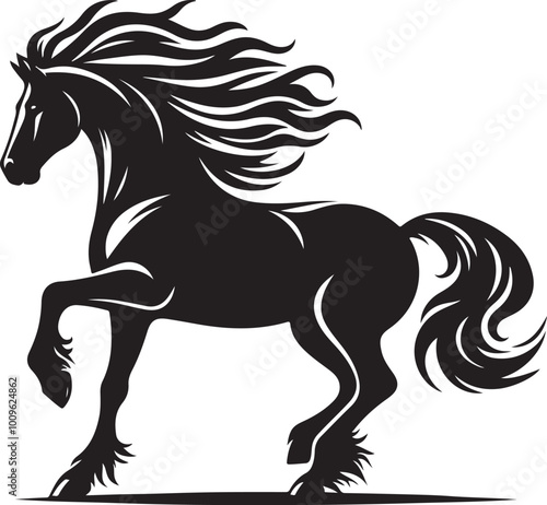 A black and white drawing of a horse with a black tail