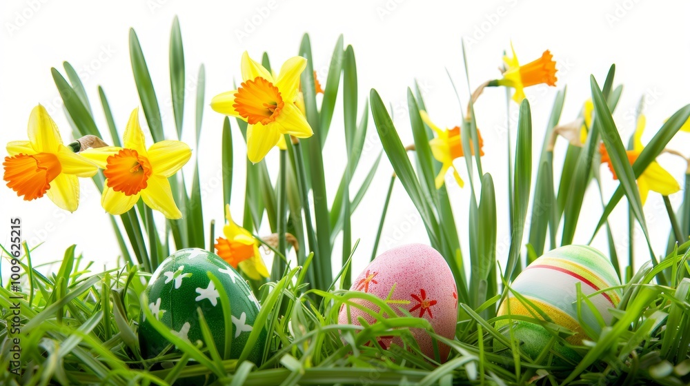 Vibrant Easter Background Featuring Colorful Eggs and Daffodils in Grass Vibrant Easter Background Featuring Colorful Eggs and Daffodils in Grass