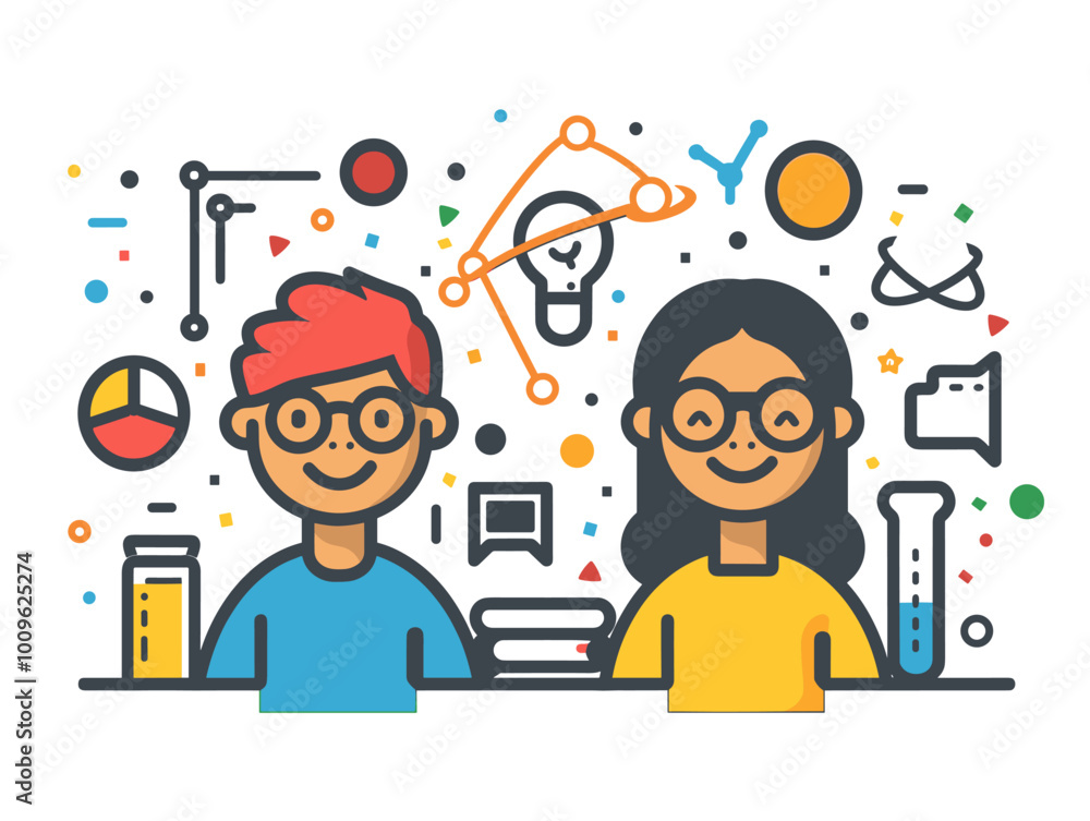 Two people are smiling and wearing glasses. They are surrounded by various science-related objects such as a book, a cup, a bottle, and a clock. Concept of curiosity and learning Two people are smiling and wearing glasses. They are surrounded by various science-related objects such as a book, a cup, a bottle, and a clock. Concept of curiosity and learning