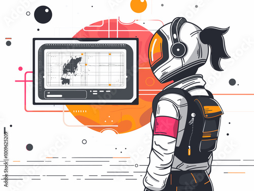 A woman in a space suit is looking at a computer screen. The computer screen shows a map of a planet. The woman is wearing a backpack and has a red band on her arm. The image has a futuristic