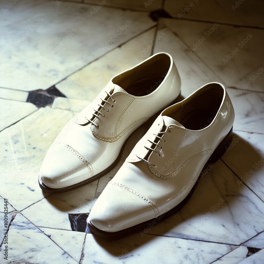 A pair of white shoes sitting on a tiled floor A pair of white shoes sitting on a tiled floor