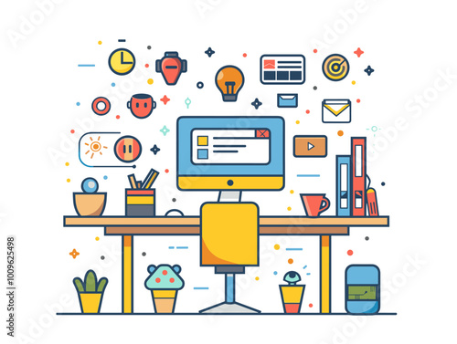 A computer desk with a monitor, keyboard, mouse, and a yellow chair. The desk is cluttered with various items such as books, cups, and potted plants. Concept of productivity and creativity