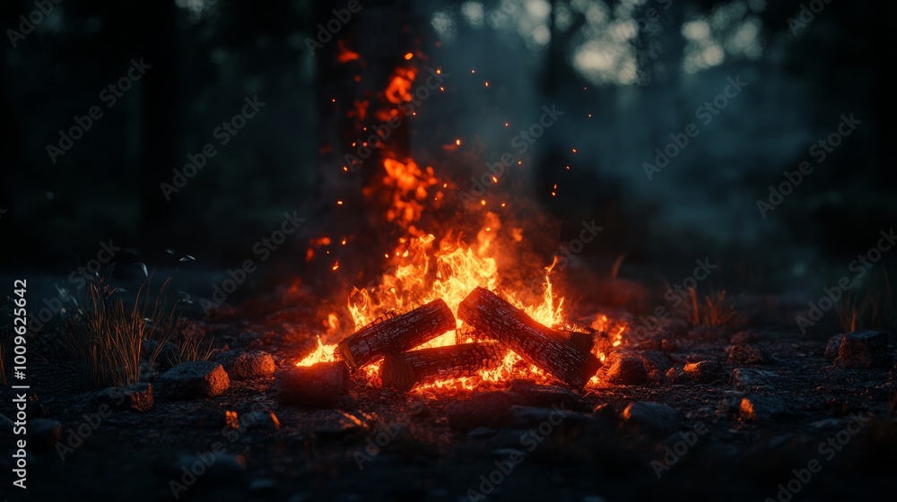 A crackling campfire burns brightly in a dark forest, with glowing embers and flames reaching towards the night sky. A crackling campfire burns brightly in a dark forest, with glowing embers and flames reaching towards the night sky.