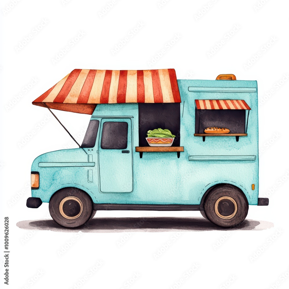 Obraz premium A colorful food truck with a red and white striped awning, featuring an array of delicious snacks and meals ready to serve fresh to customers.