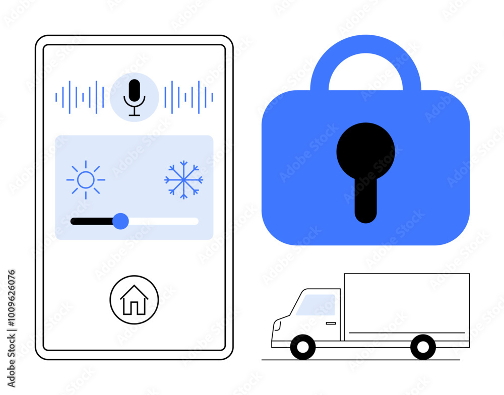 A smartphone display with voice control showing a slider for temperature adjustment sun and snowflakes a large padlock and a delivery truck. Ideal for smart home automation security logistics A smartphone display with voice control showing a slider for temperature adjustment sun and snowflakes a large padlock and a delivery truck. Ideal for smart home automation security logistics