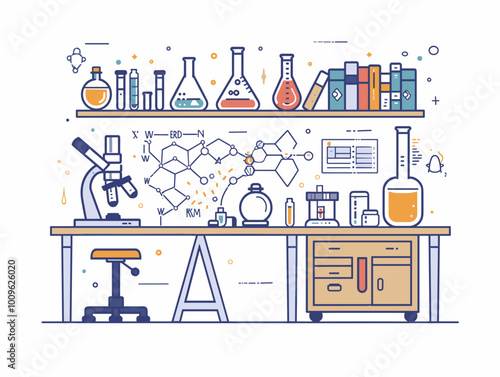 A lab bench with a microscope and a variety of scientific equipment. The lab is filled with books and bottles, and the shelves are full of glassware