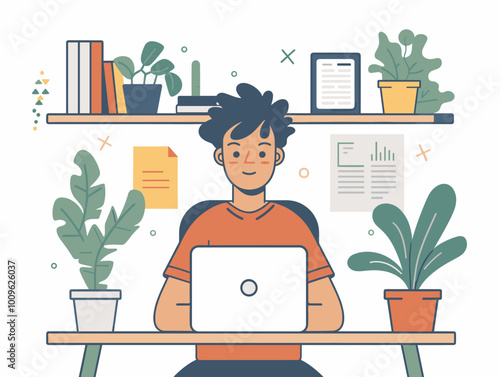 A man is sitting at a desk with a laptop and a potted plant. He is smiling and he is enjoying his work. Concept of productivity and relaxation, as the man is surrounded by greenery