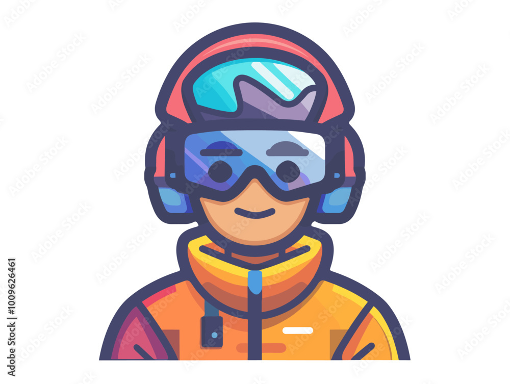 A cartoon man wearing goggles and a yellow jacket. He is smiling and wearing a red hat A cartoon man wearing goggles and a yellow jacket. He is smiling and wearing a red hat