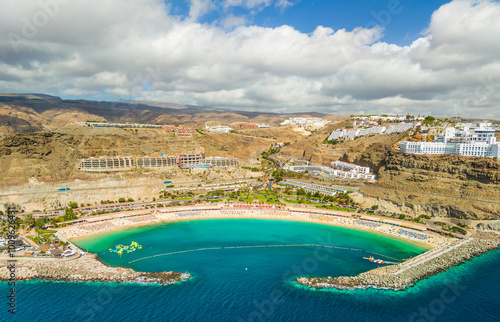 Aerial drone shot of the Amadores Beach in Mogan in Gran Canaria.