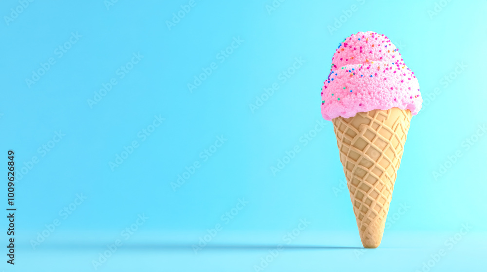 Pink ice cream cone standing on a pastel blue background Pink ice cream cone standing on a pastel blue background
