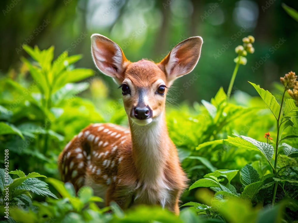 Adorable Newborn White-Tailed Deer Fawn in Natural Habitat Surrounded by Lush Green Vegetation