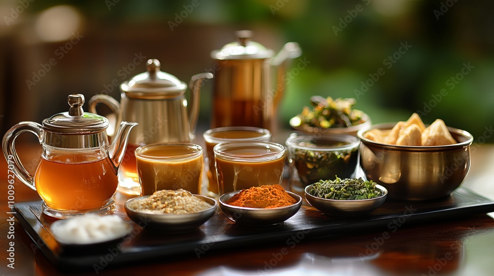 Fototapeta premium Savor the aromatic essence of Indian tea traditions. From creamy masala chai to invigorating mini cutting chai, delight in the diverse tea offerings served in authentic glass cups
