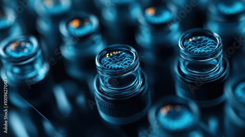 Close-up view of multiple transparent bottles with vibrant blue liquid, creating an intriguing and modern abstract visual.