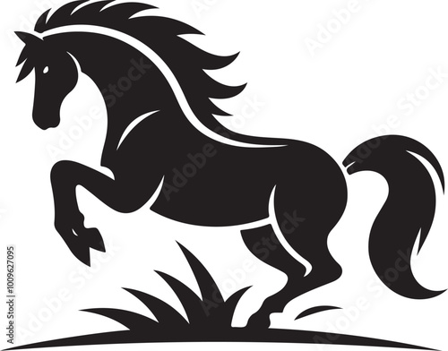 A black and white drawing of a horse with a black tail
