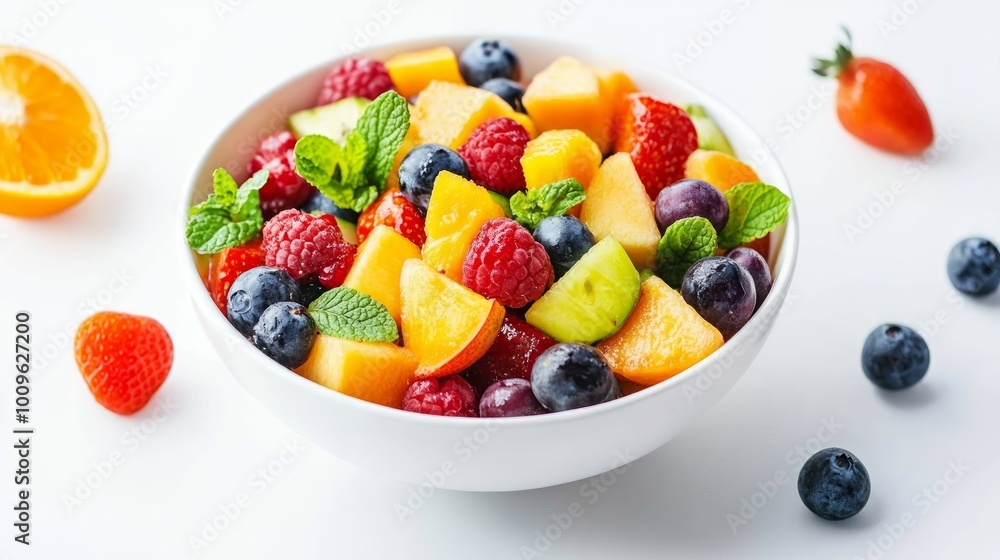 A white bowl filled with a colorful fruit salad of cantaloupe, blueberries, raspberries, strawberries, and cucumber with mint leaves. There are blueberries, strawberries A white bowl filled with a colorful fruit salad of cantaloupe, blueberries, raspberries, strawberries, and cucumber with mint leaves. There are blueberries, strawberries