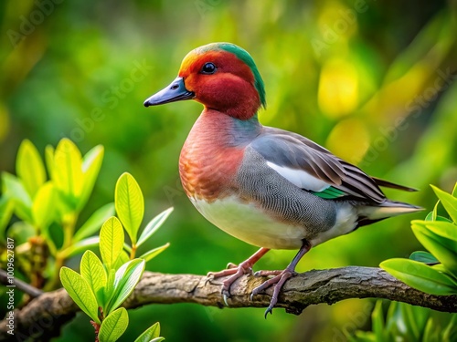 Adorable Pigwidgeon Bird Perched on a Branch Surrounded by Lush Green Foliage in Natural Habitat photo