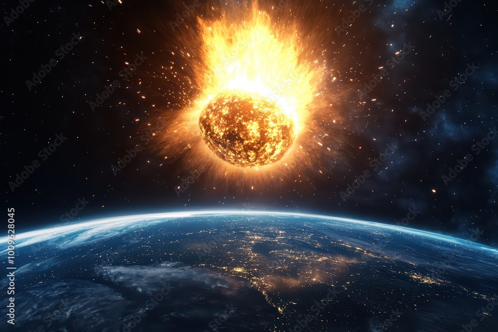 Fototapeta premium A dramatic depiction of a fiery asteroid entering Earth's atmosphere, illuminating the night sky, showcasing the beauty and danger of space.