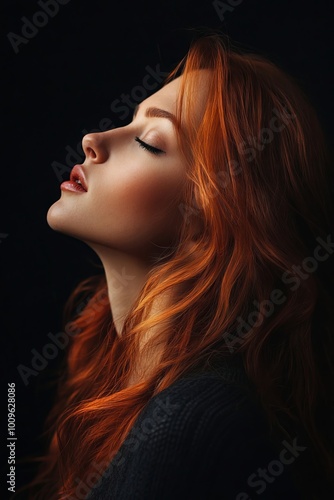 A woman with long red hair is looking up at the sky