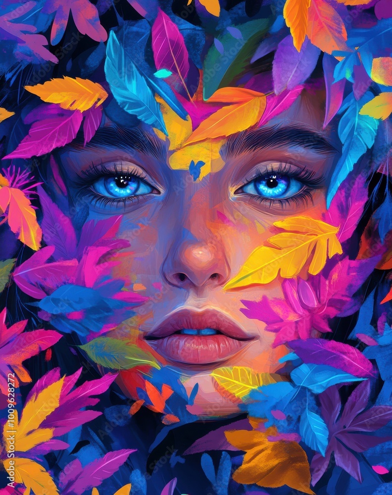 beautiful woman with colorful leaves covering her face, a flower on the side of her head beautiful woman with colorful leaves covering her face, a flower on the side of her head