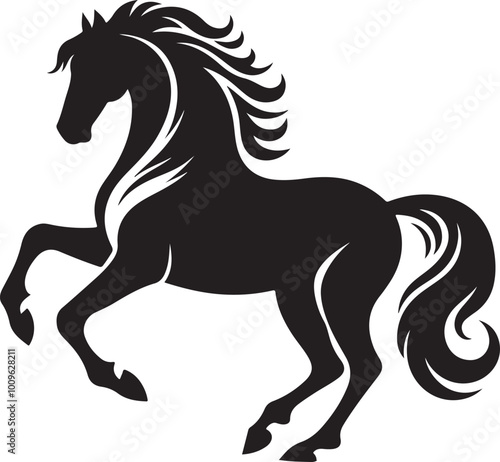 A black and white drawing of a horse with a black tail