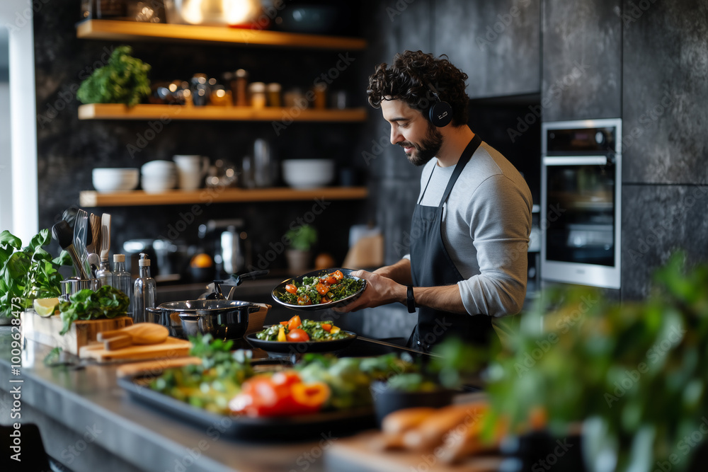 Man Preparing a Healthy Meal in Stylish Kitchen Man Preparing a Healthy Meal in Stylish Kitchen