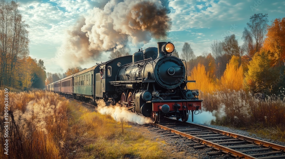 Obraz premium Steam train traveling through autumn landscape