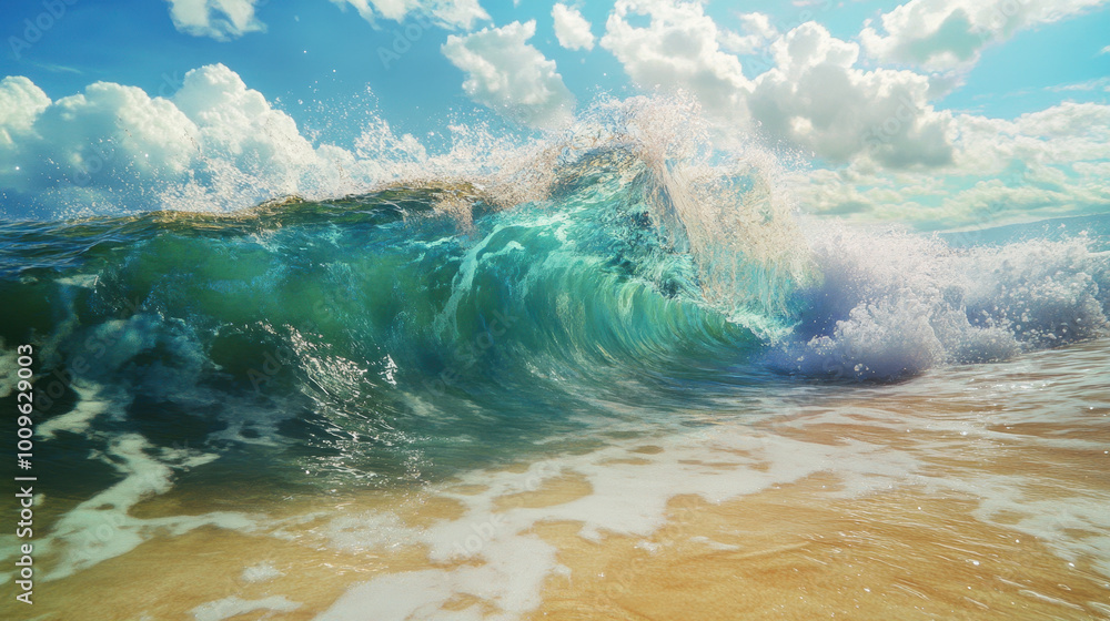 Vibrant waves crashing onto the golden shore under a bright blue sky with fluffy clouds at midday Vibrant waves crashing onto the golden shore under a bright blue sky with fluffy clouds at midday