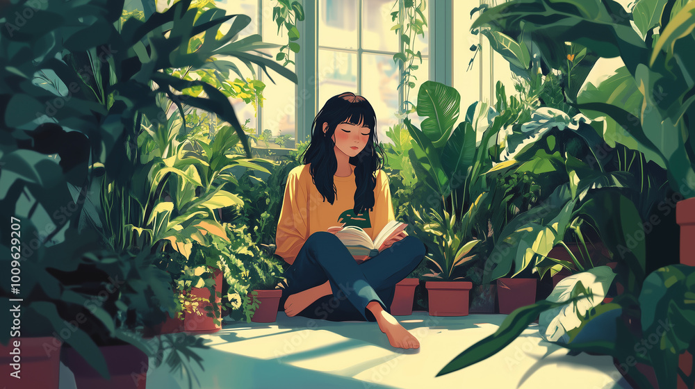 Woman reading in a peaceful lofi room filled with plants Woman reading in a peaceful lofi room filled with plants