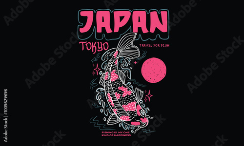 Fish print for t-shirt graphic and other uses. Fish line drawing. Japan art. Tokyo, Japan koi fish hand drawing vector illustration.